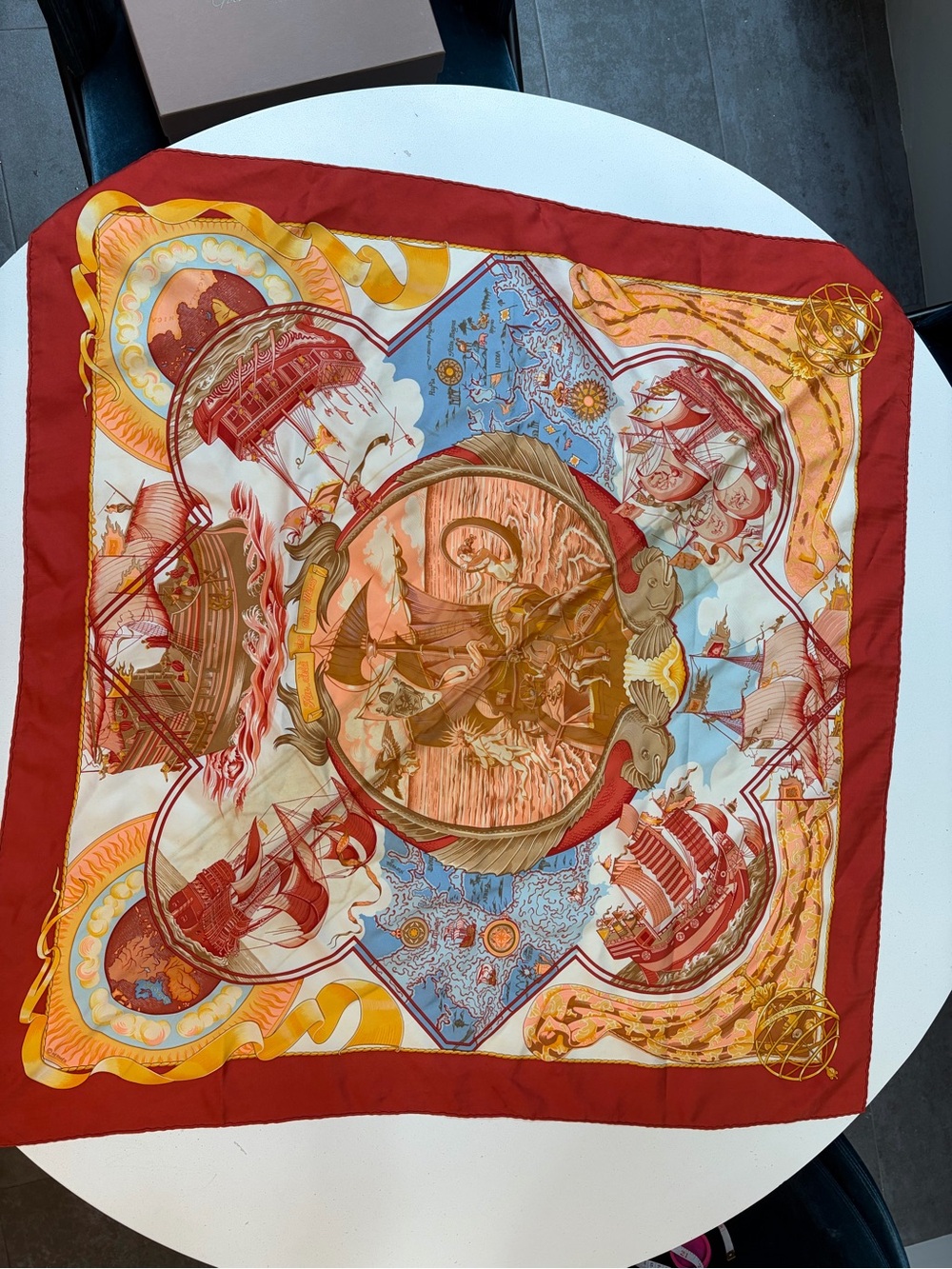 Hermes Red and Yellow Silk Scarf Corner Detail